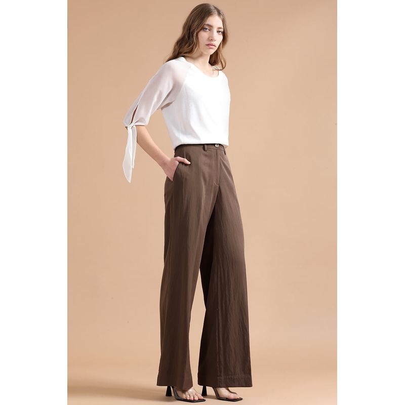 LIOLA - Pantalon Ancho Con Lyocell, Tiro Alto, Café Liola