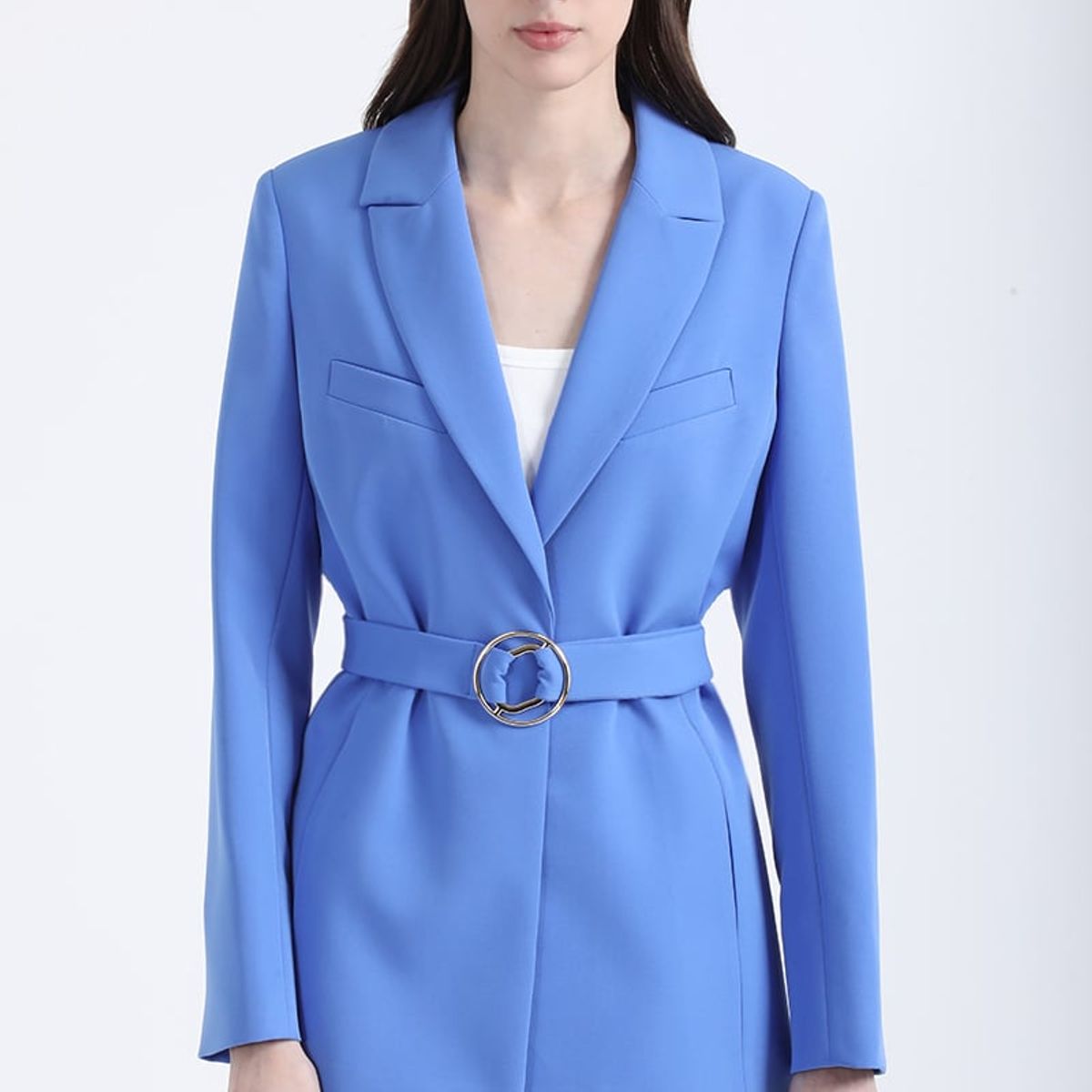 LIOLA - Blazer Largo Entallado Con Cinturon, Azul Liola