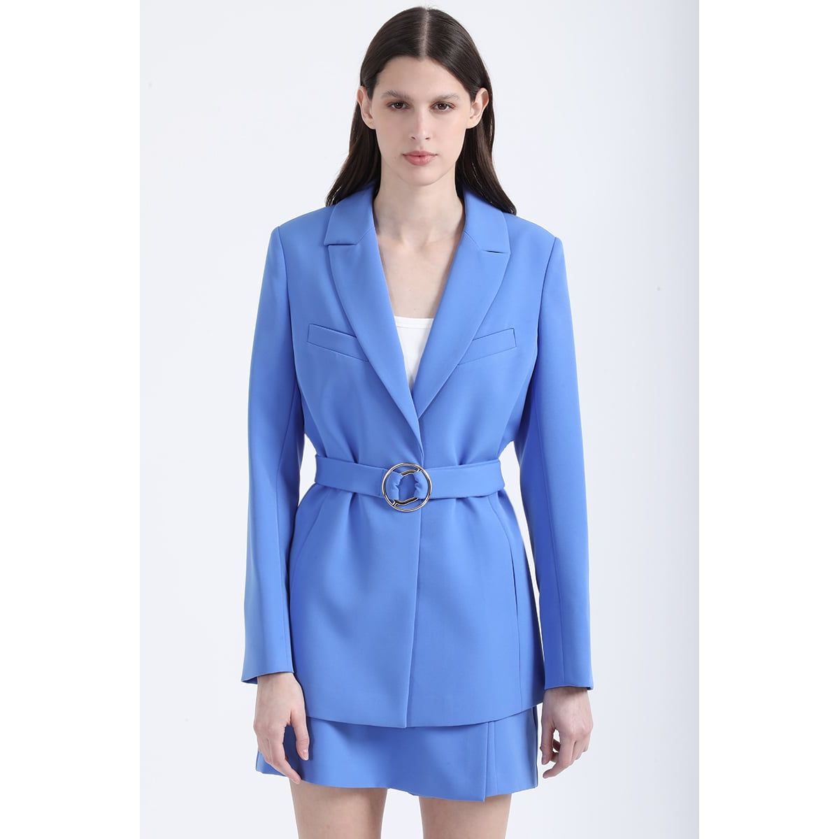 LIOLA - Blazer Largo Entallado Con Cinturon, Azul Liola