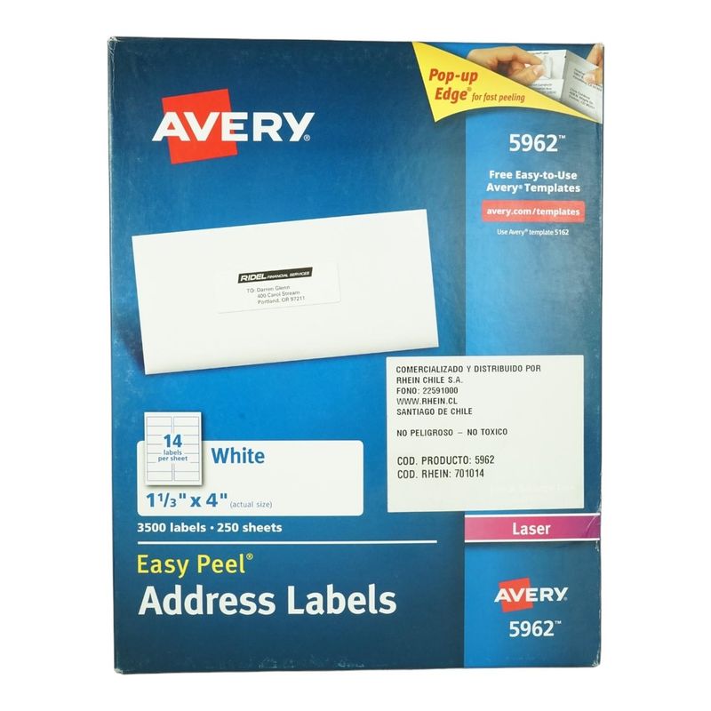GENERICO - 3500 ETIQUETAS 3,4X10,2 CM INK/LASER AUTOADHESIVA AVERY 5962 - 250HJS CARTA BLANCO