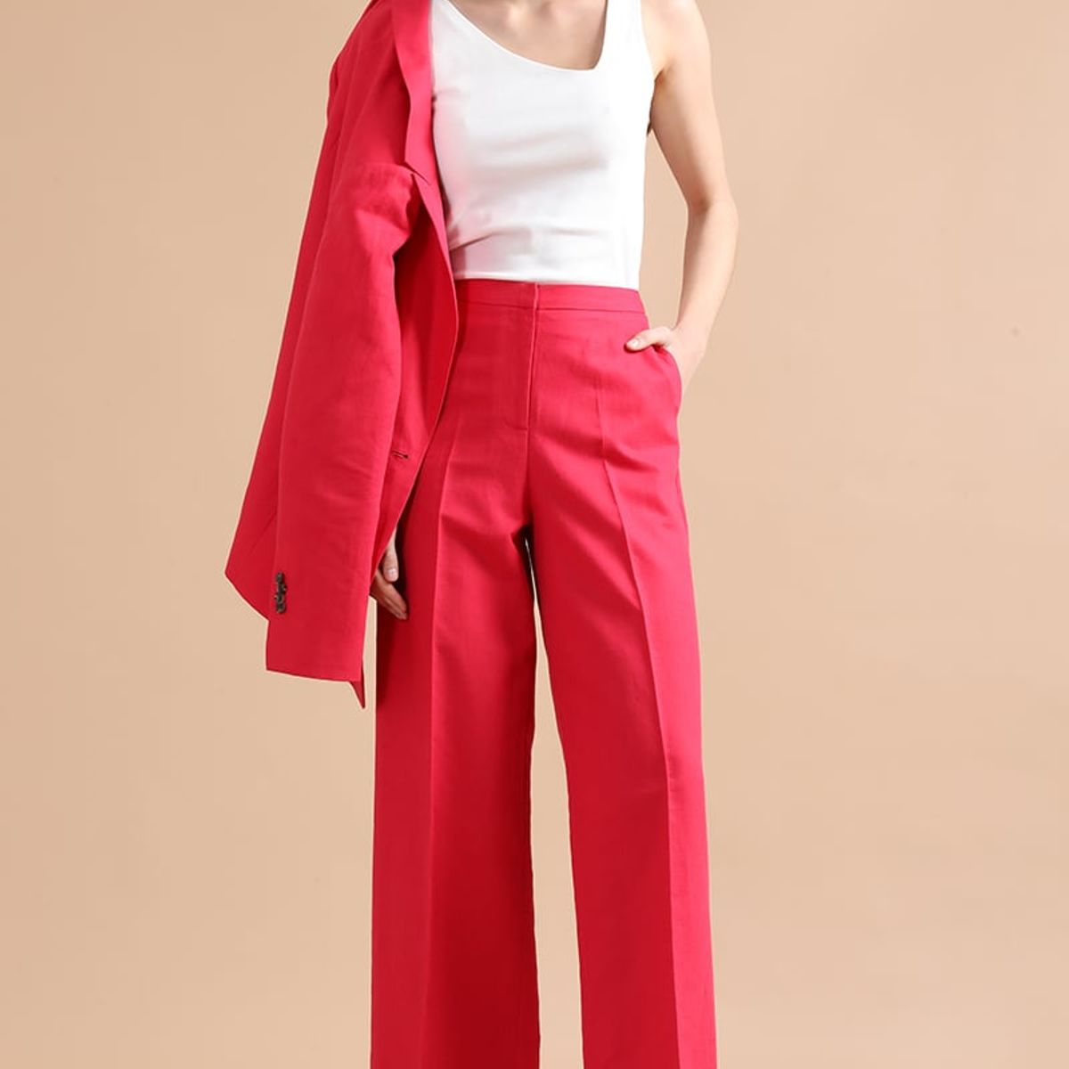 LIOLA - Pantalon Recto, Lino Algodón, Guinda Liola