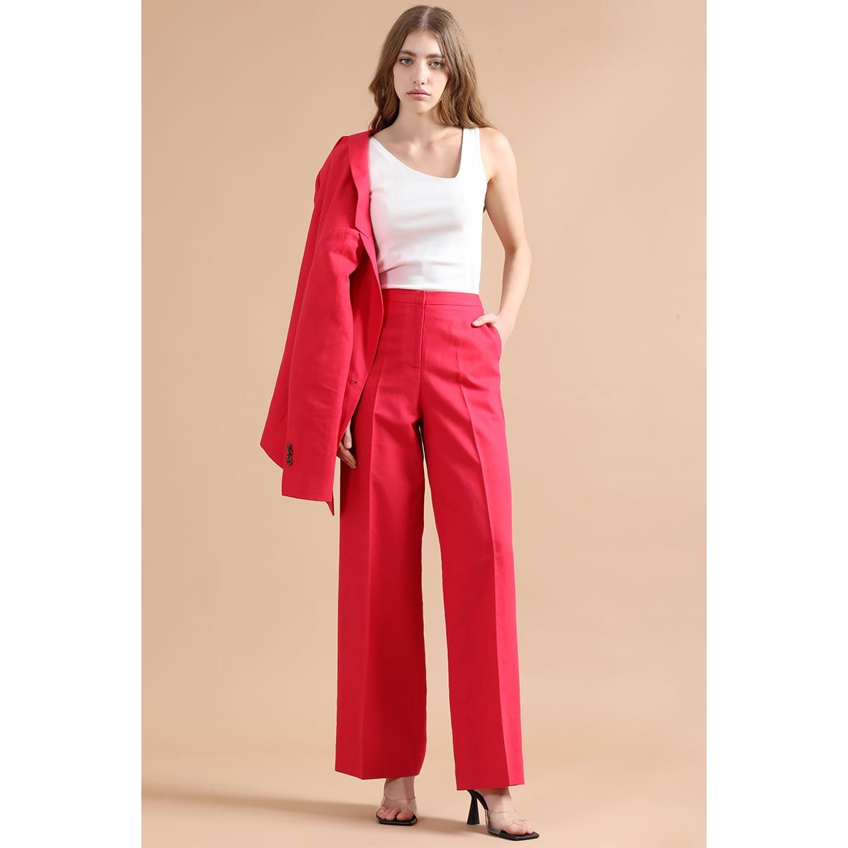 LIOLA - Pantalon Recto, Lino Algodón, Guinda Liola