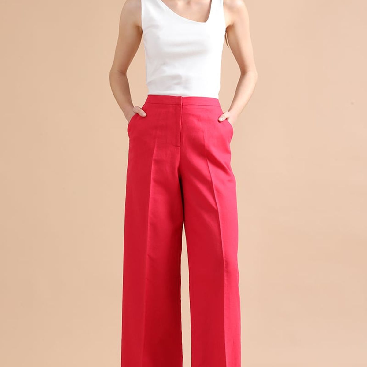 LIOLA - Pantalon Recto, Lino Algodón, Guinda Liola