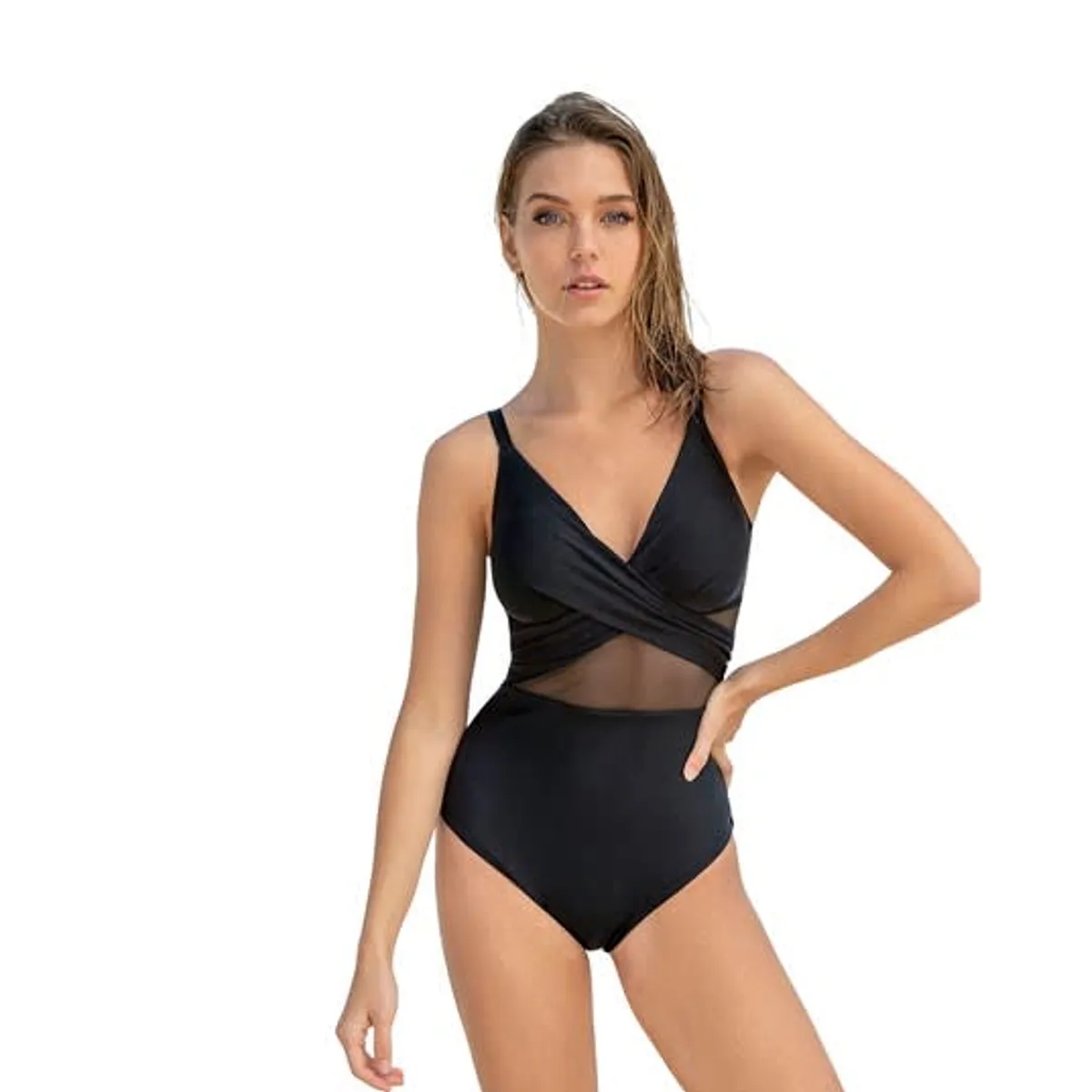 LEONISA - Traje de baño entero control suave de abdomen elaborado con nylon reciclado 19A124 Negro
