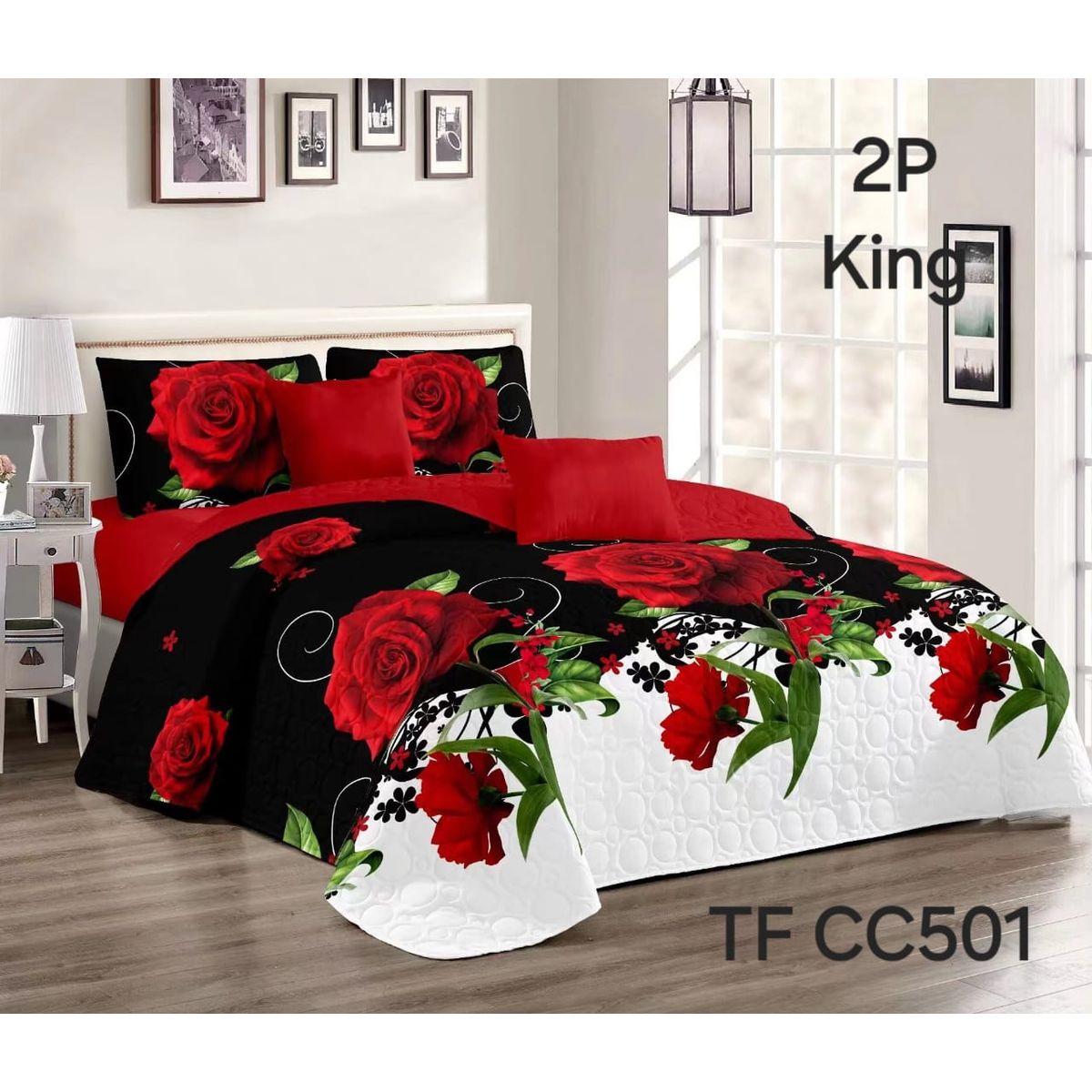 GENERICO - Cobertor Quilts de Verano 2 plazas Blanco y Negro Rosas