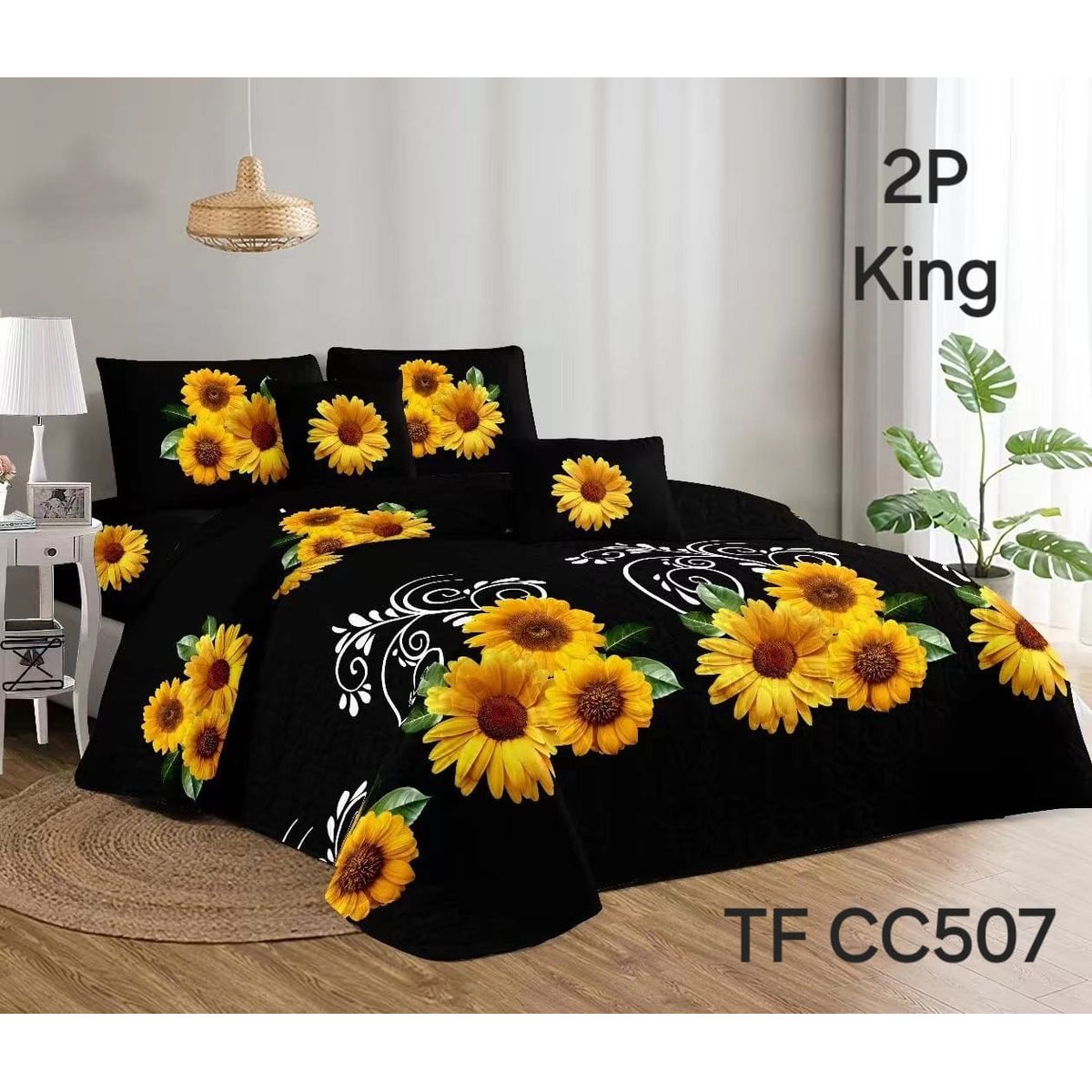 GENERICO - Cobertor Quilts de Verano 2 plazas Negro Girasoles 2