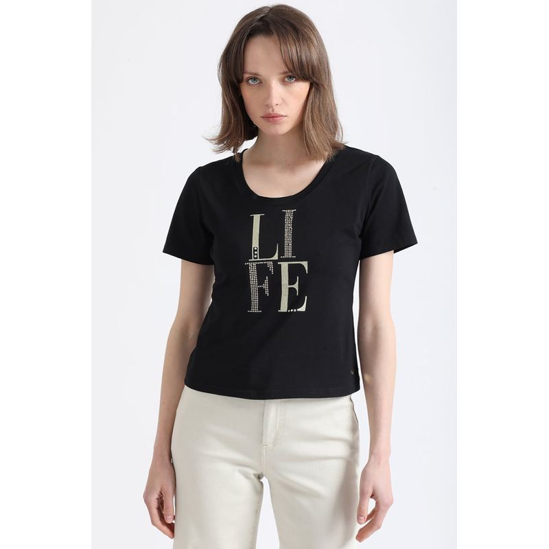 LIOLA - Polera Algodón Spandex Texto Life, Negro Liola