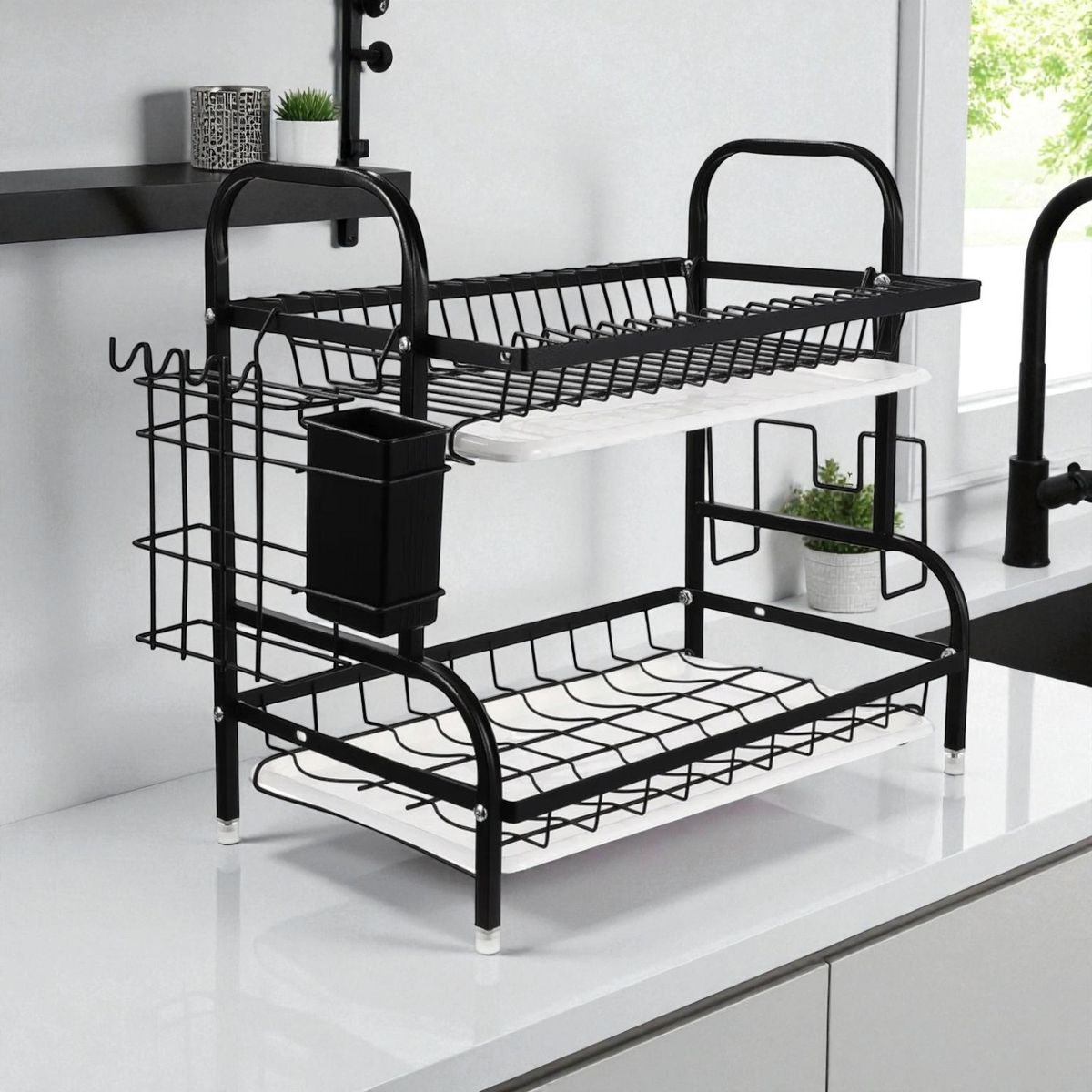 GENERICO - Escurridor Secador De Loza 2 Niveles Negro Platos Cocina