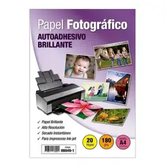 ADETEC - Papel Fotográfico Adhesivo Glossy A4 180 g X 20 Hojas