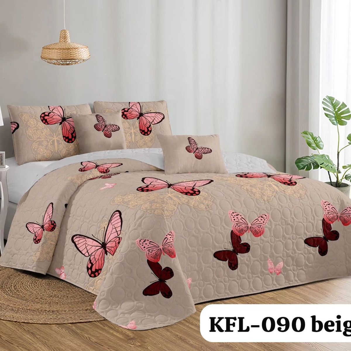 GENERICO - Cobertor Quilts de Verano 2 plazas Mariposas Beige GS