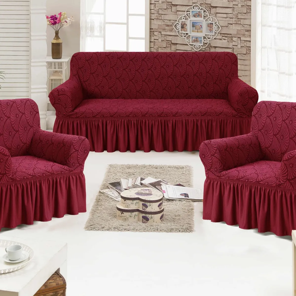 ANGELES DEL HOGAR - Fundas para Sofa Cubre Sillones Turco 3 Cuerpos  1 y 1  Burdeo