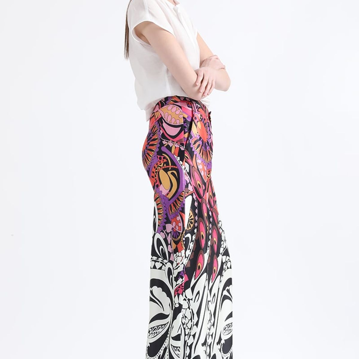 LIOLA - Pantalon Ancho Satin Estampado, Tiro Alto, Negro Liola