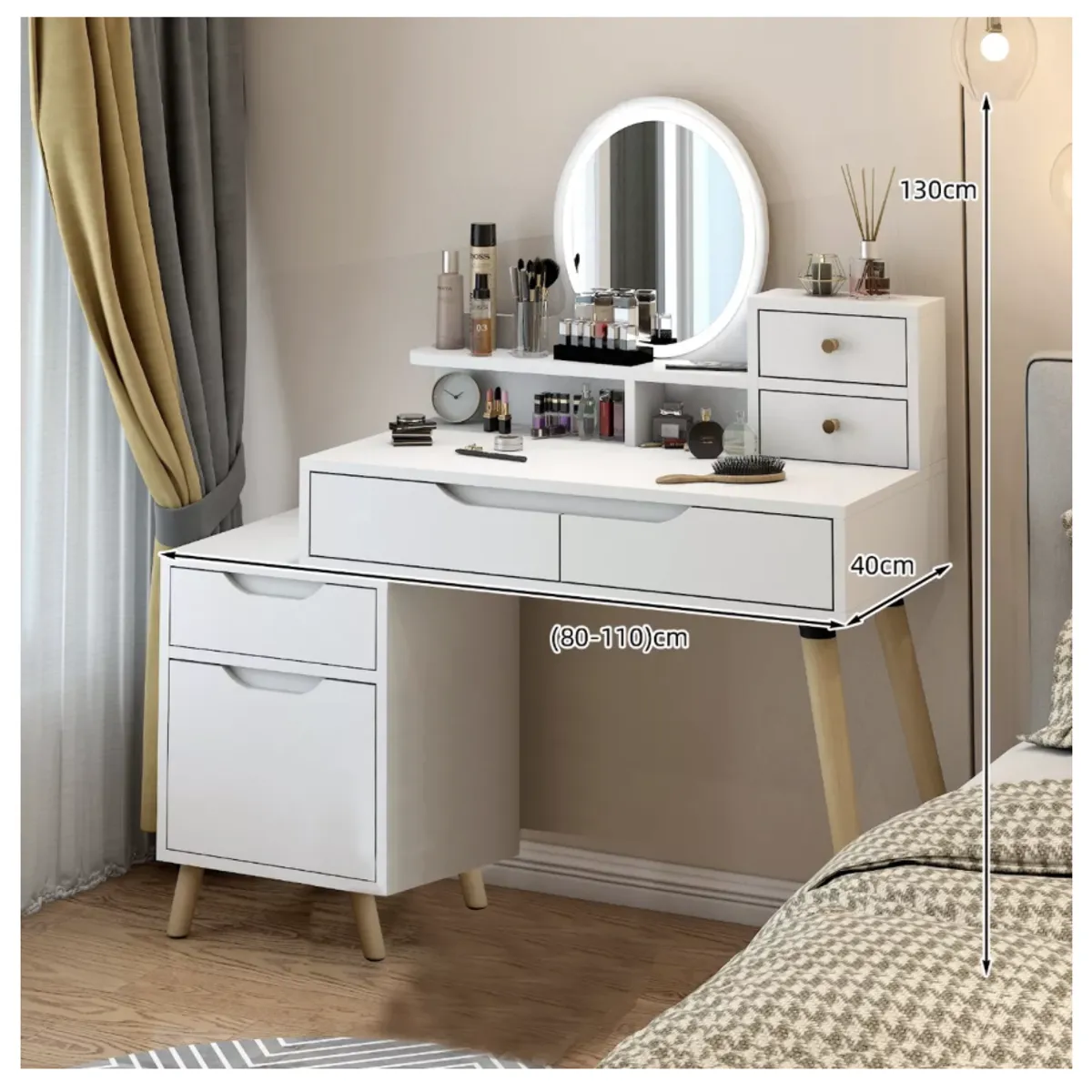 HOMER DESIGN - Tocador Con Espejo De Luz Comoda Extendible 130x40x110cm