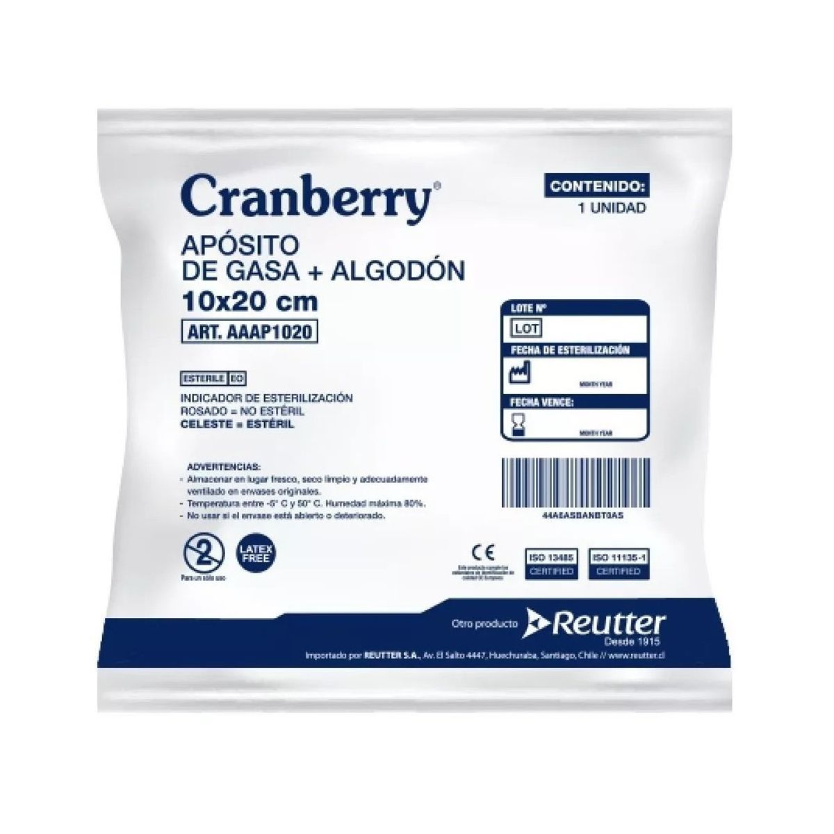 CRANBERRY - Aposito Gasa No Tejida + Algodón Esteril 10x20 Bolsa X10