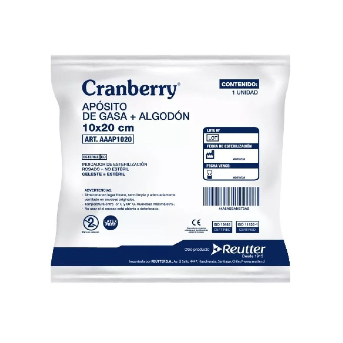 CRANBERRY - Aposito Gasa No Tejida + Algodón Esteril 10x20 Bolsa X10