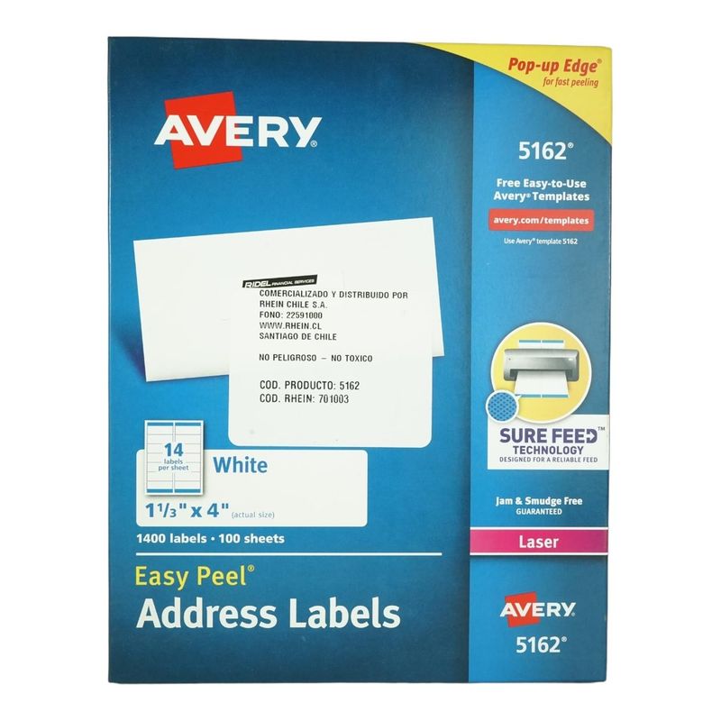 GENERICO - 1400 ETIQUETAS 3,4X10,2 CM INK/LASER AUTOADHESIVA AVERY 5162 - 100HJS CARTA BLANCO
