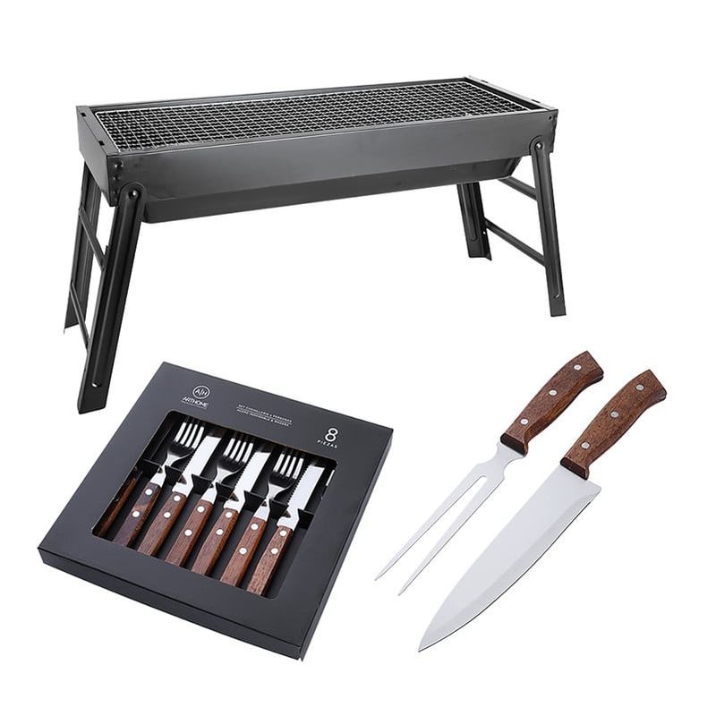 ARTHOME - SET PARRILLA BBQ PORTATIL PARA CARBON + 10 PIEZAS ARTHOME AH22