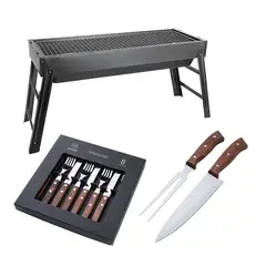 ARTHOME - SET PARRILLA BBQ PORTATIL PARA CARBON + 10 PIEZAS AH22