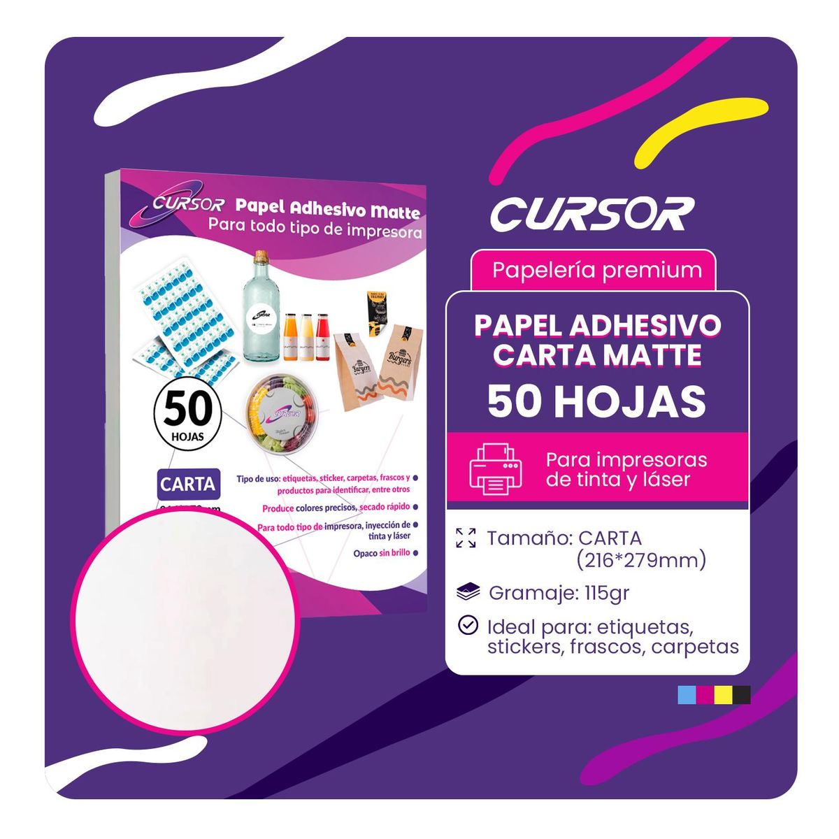 CURSOR - Papel Autoadhesivo Todo Tipo De Impresora Carta 50 Hojas