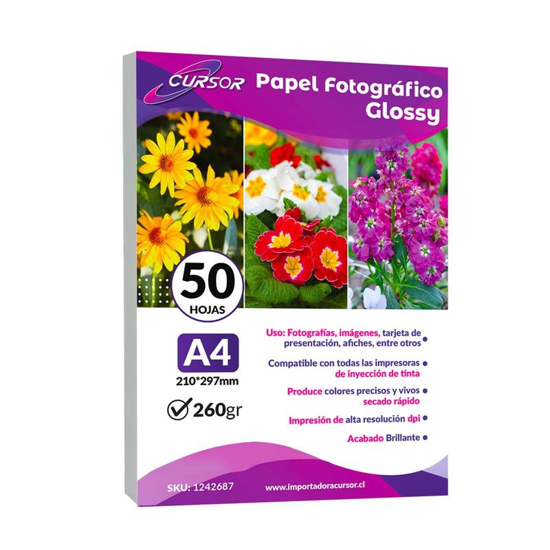 CURSOR - Papel Glossy Fotografico Brillante A4 260g 50 Hojas Cursor