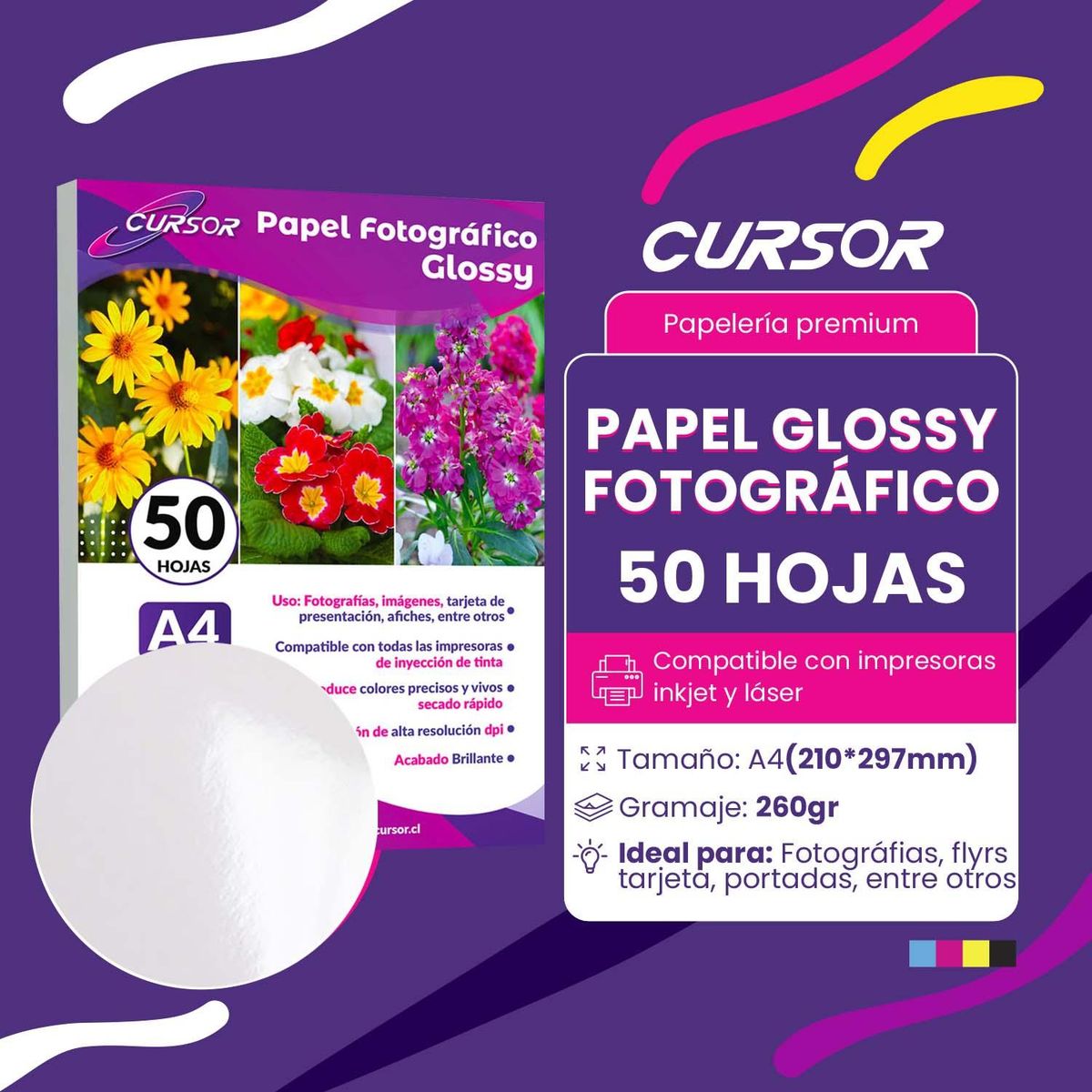 CURSOR - Papel Glossy Fotografico Brillante A4 260gr 50 Hojas Cursor