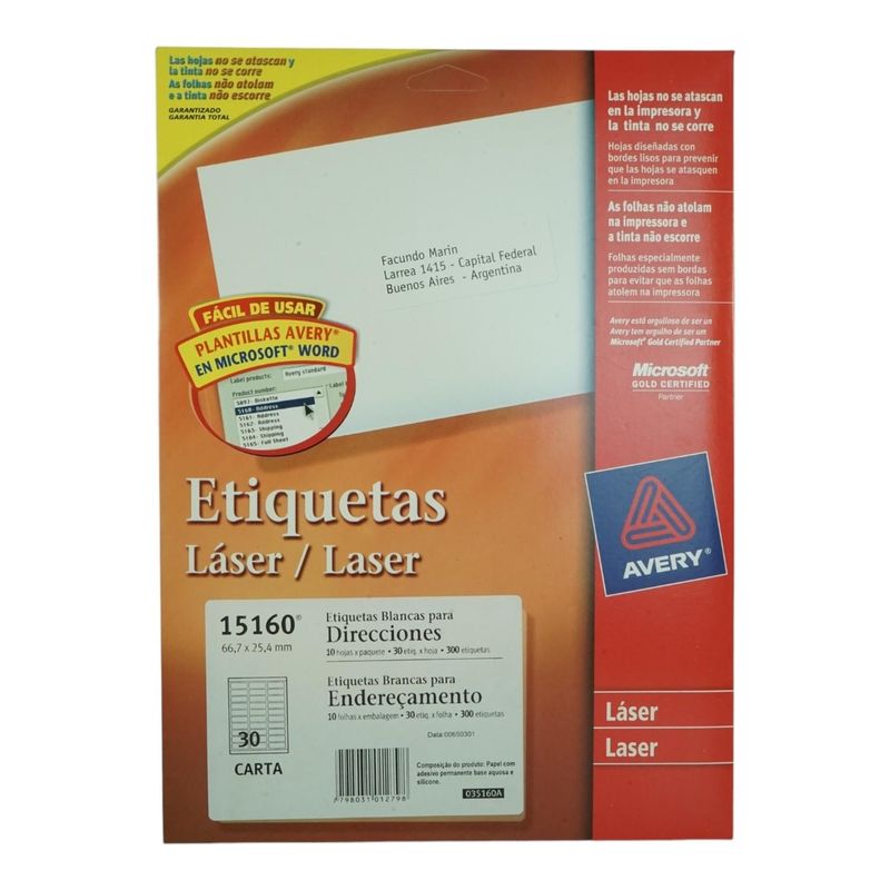 GENERICO - 300 ETIQUETAS 667X254 MM INKLASER AUTOADHESIVA AVERY 15160 - 10HJS CARTA BLANCO