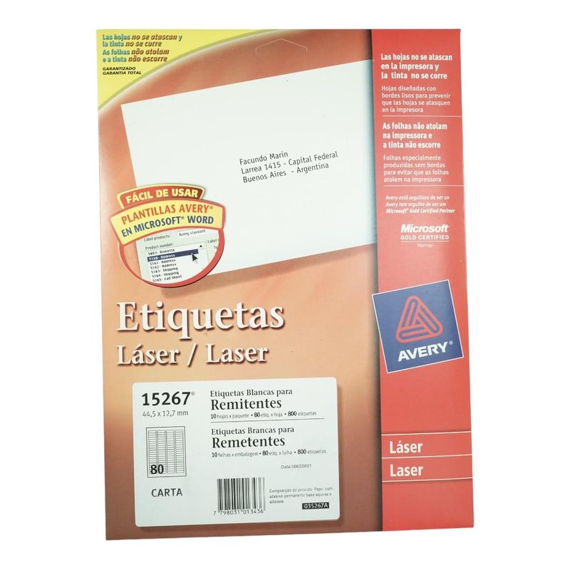 GENERICO - 800 ETIQUETAS 4,5X1,2 CM INK/LASER AUTOADHESIVA AVERY 15267 - 10HJS CARTA BLANCO