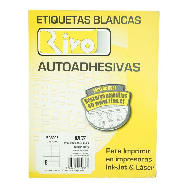 GENERICO - 250 ETIQUETAS 7X10,8CM INKJET/LASER AUTOADHESIVA RIVO RC5008 50HJS CARTA BLANCO