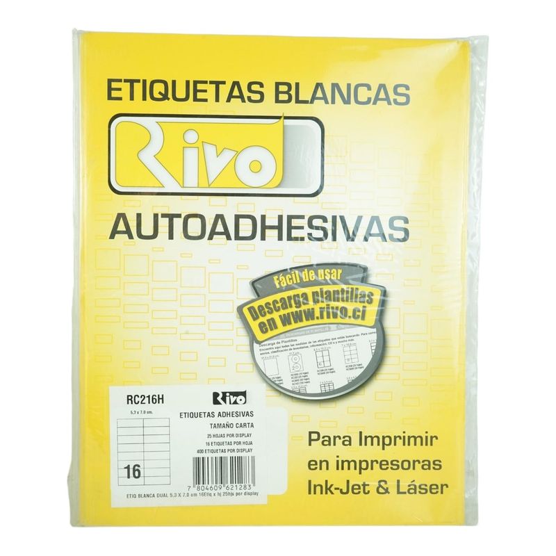 GENERICO - 400 ETIQUETAS 5,3X7CM INKJET/LASER AUTOADHESIVA RIVO RC216H 25HJS CARTA BLANCO
