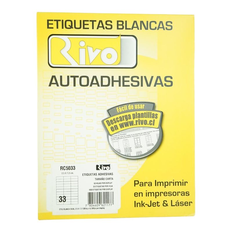 GENERICO - 1650 ETIQUETAS 2,5X7,2CM INKJET/LASER AUTOADHESIVA RIVO RC5033 50HJS CARTA BLANCO