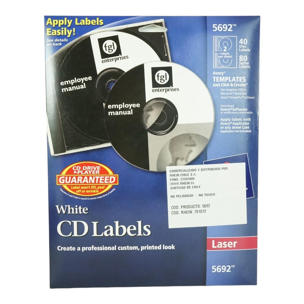 GENERICO - 40 ETIQUETAS PARA CD INK/LASER AUTOADHESIVA AVERY 5692 - 20HJS CARTA BLANCO