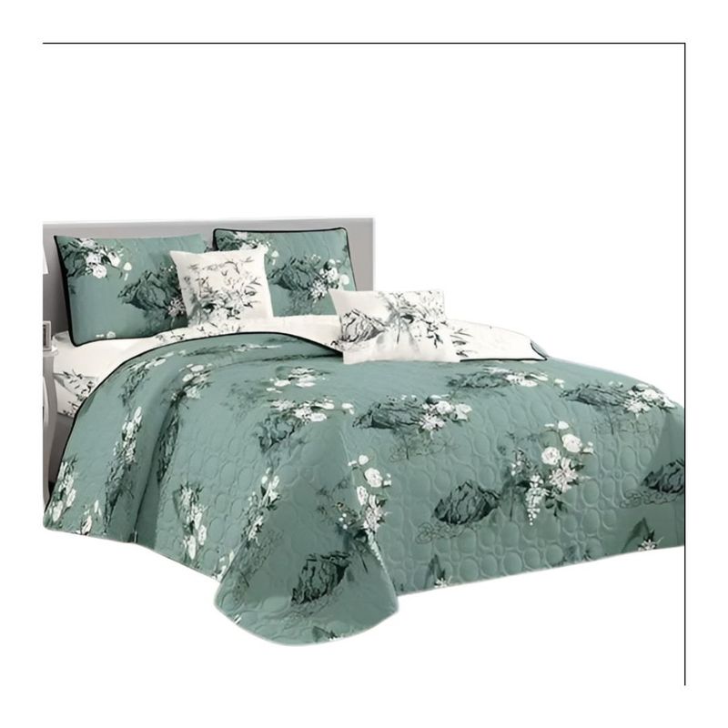 GENERICO - Cubrecama Quilt Verano 2 Plazas - Verde Agua Hojas KFL226