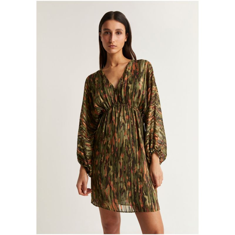 SCALPERS - Vestido Mini Print Detalle Metalizado Khaki
