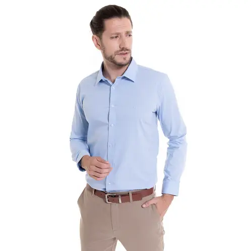 POTROS - Camisa Celeste Hombre Manga Larga Slim Fit Lisa Gran Vía