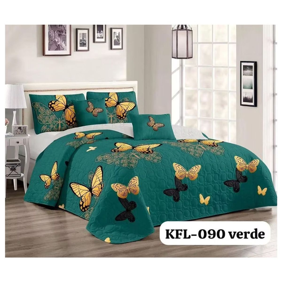 GENERICO - Cubrecama Quilt Verano King - Verde Mariposa KFL090