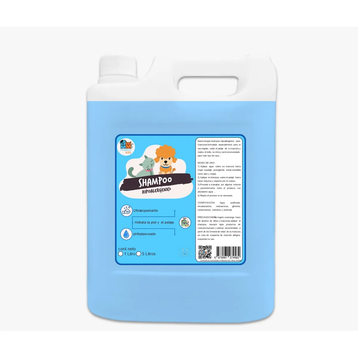 MASCOKITS - Shampoo Hipoalergénico 5 Litros Perros & Mascotas