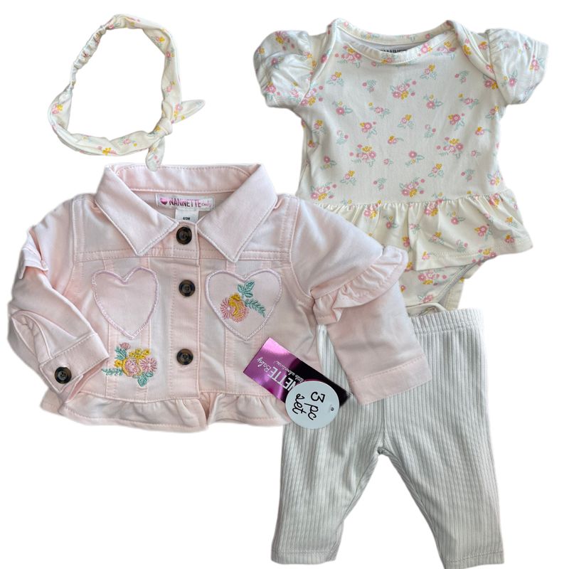GENERICO - CONJUNTO BEBÉ NIÑA CALZA BODY CHAQUETA Y LISTÓN MARCA NANNETE BABY
