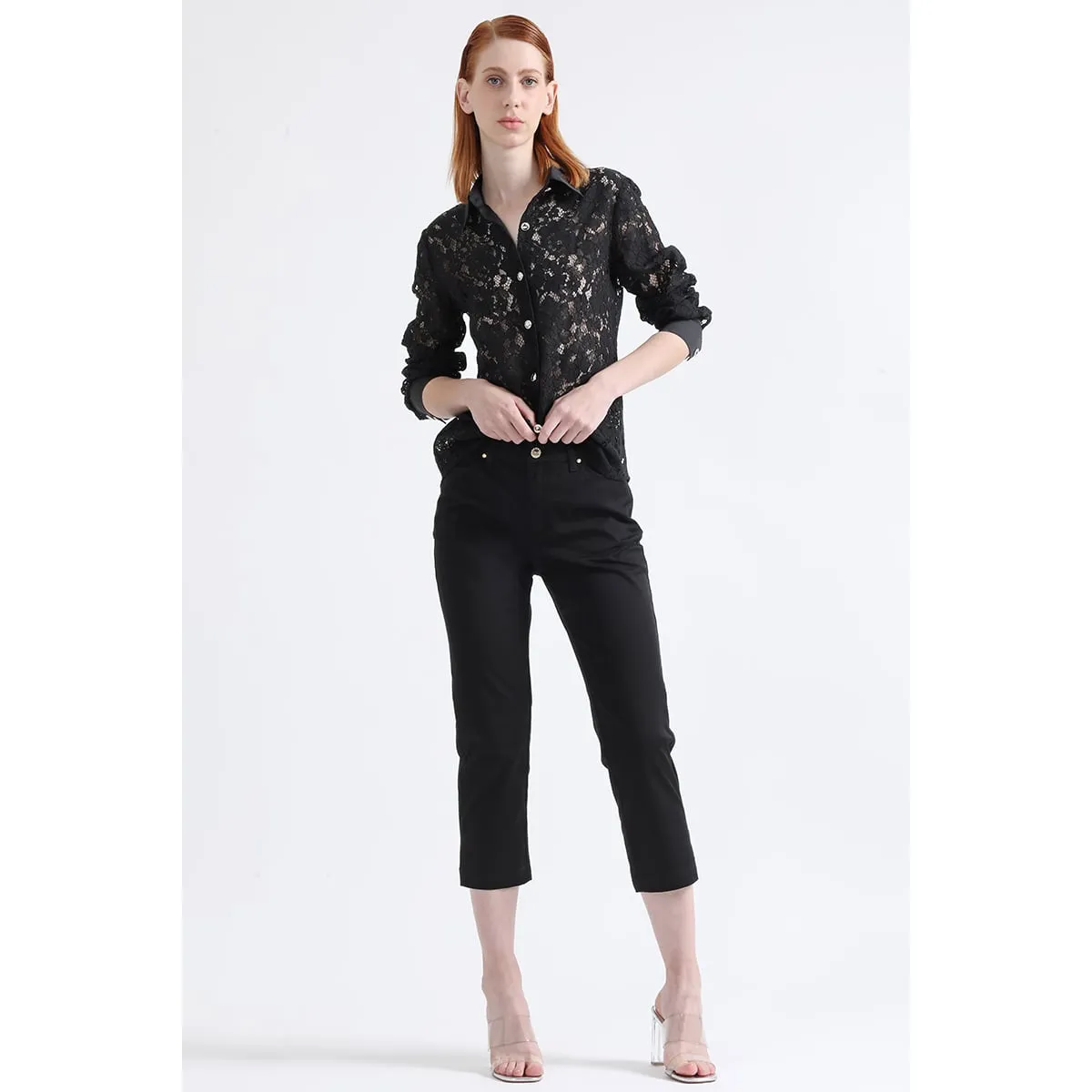 LIOLA - Pantalon Slim Cropped, Tiro Medio, Negro Liola