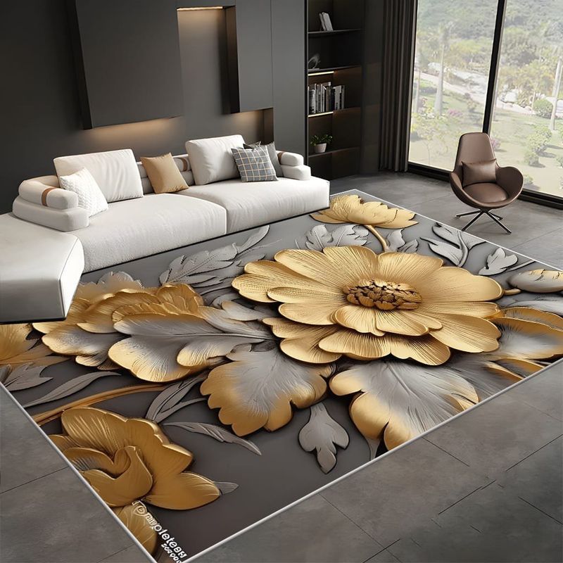 GENERICO - ALFOMBRA ANTIDESLIZANTE 180X200cm DISEÑO GRIS FLOR DORADA TF