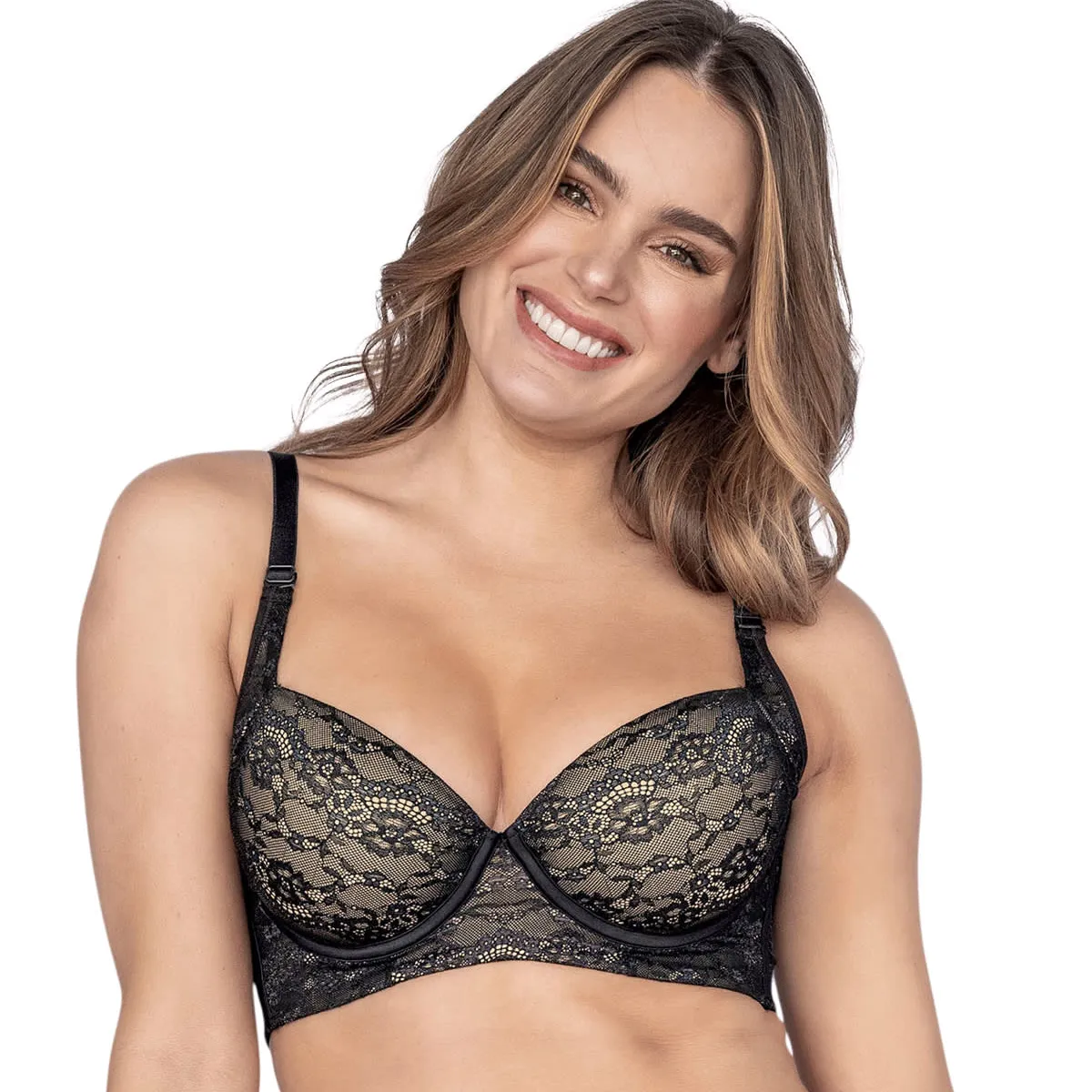 LEONISA - Sostén de realce suave y cubrimiento alto en sisa y espalda Cover bra en encaje 011996 Negro