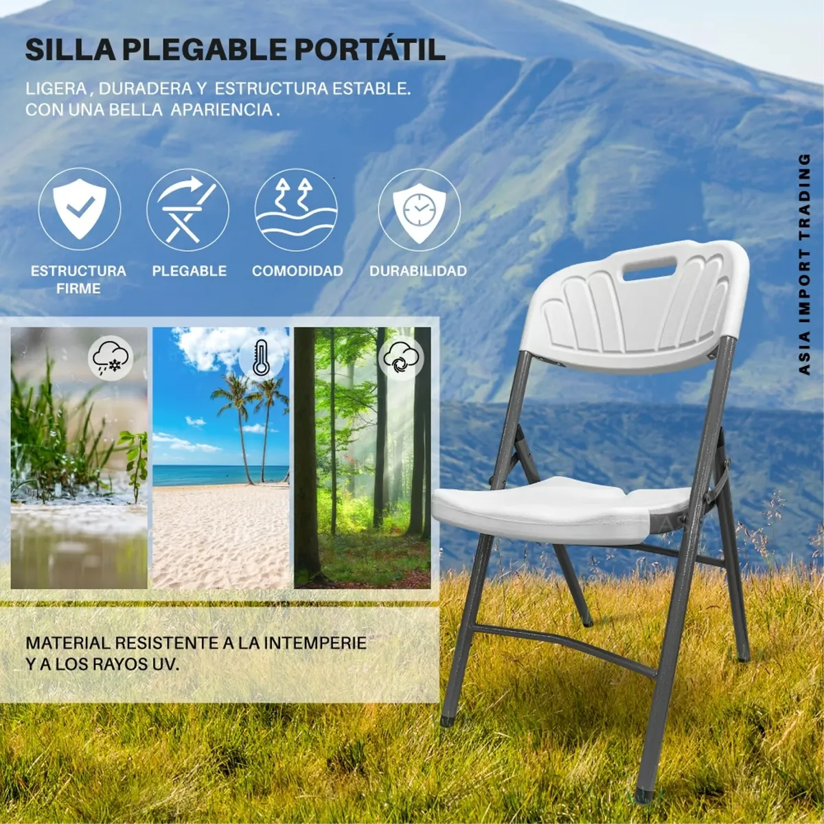 GENERICO - Silla Plegable Blanca 85 cm x 44 cm x 52 cm