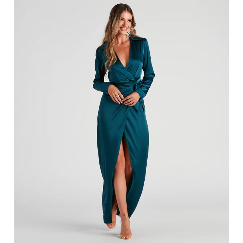 WINDSOR - Leona Wrap-Front Satin Formal Dress