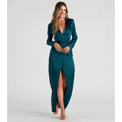 WINDSOR - Leona Wrap-Front Satin Formal Dress