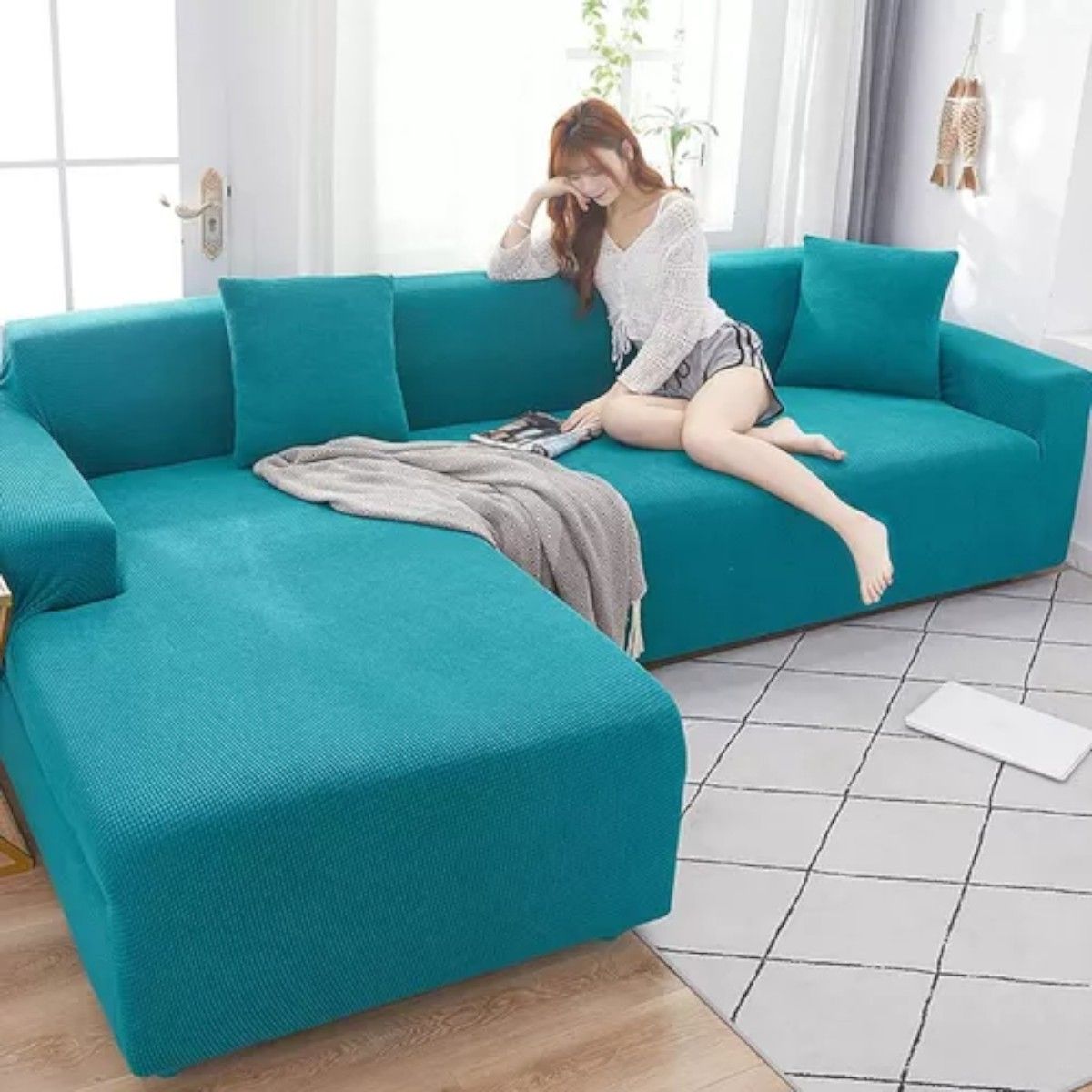 GENERICO - Cubre Sillón Forma de L Texturizado Turquesa