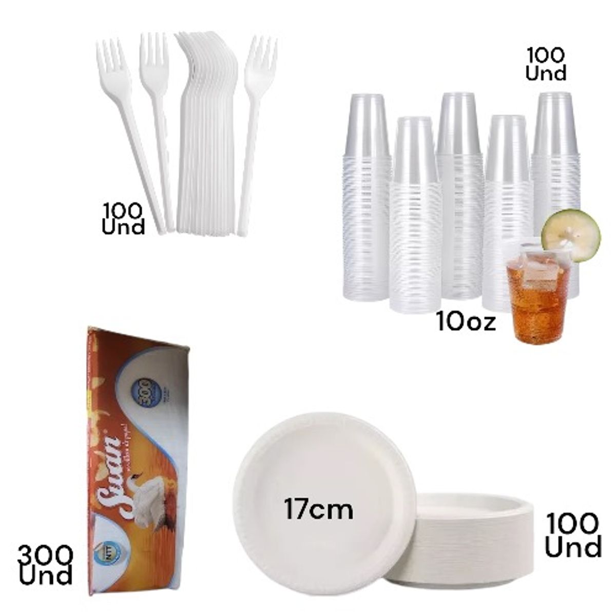 GENERICO - Mix Platos Cubiertos Cucharas Vasos Servilletas Plasticos 700Unds