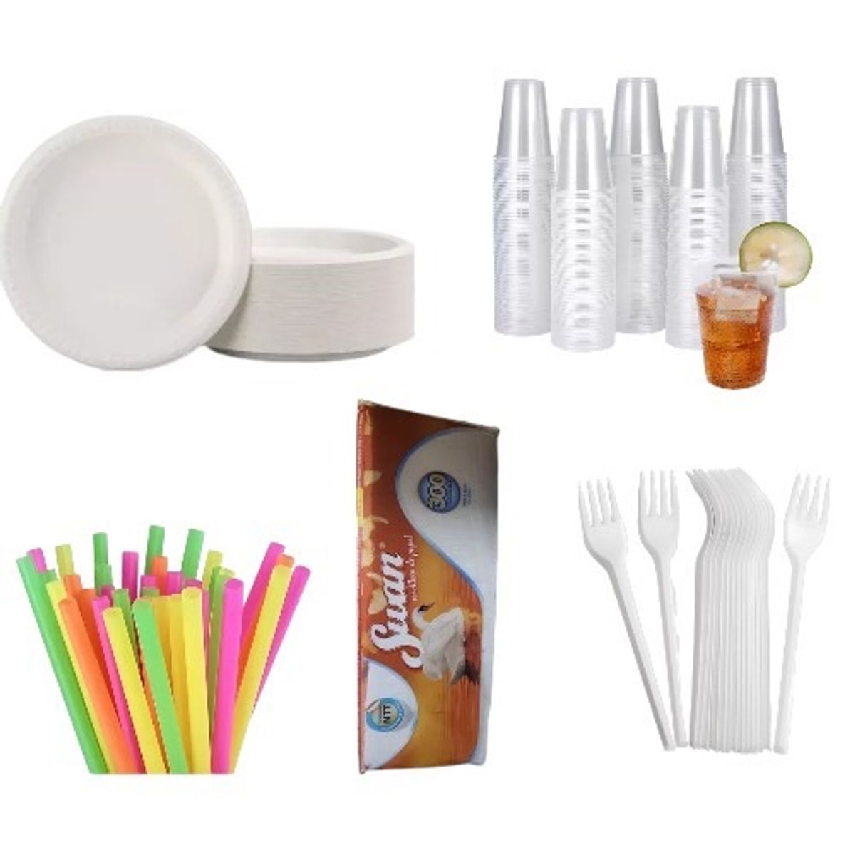 GENERICO - Mix Platos Cubiertos Cucharas Vasos Servilletas Bombillas 800Unds