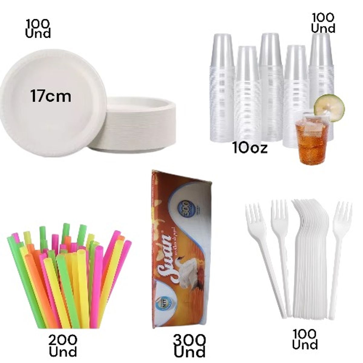 GENERICO - Mix Platos Cubiertos Cucharas Vasos Servilletas Bombillas 800Unds