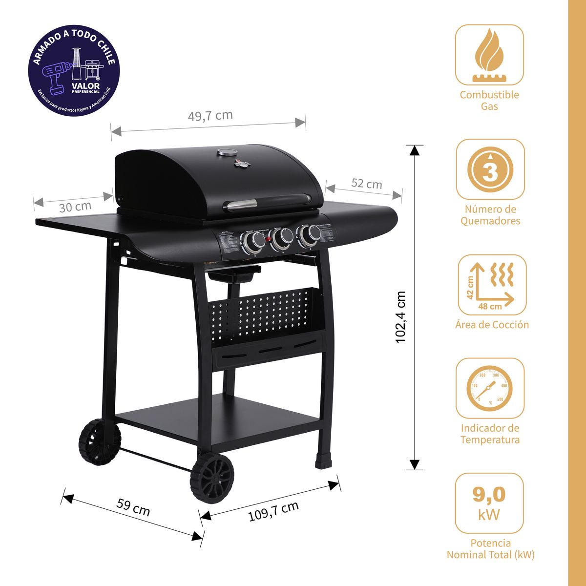 AMERICAN GRILL - Parrilla a Gas 3 Quemadores Kansas Black