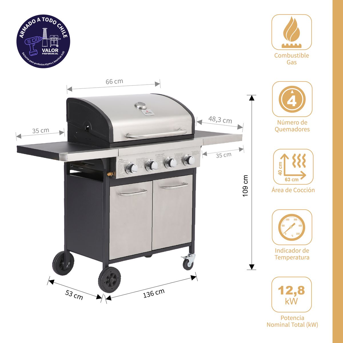 AMERICAN GRILL - Parrilla a Gas Oregon 4 Quemadores Inox