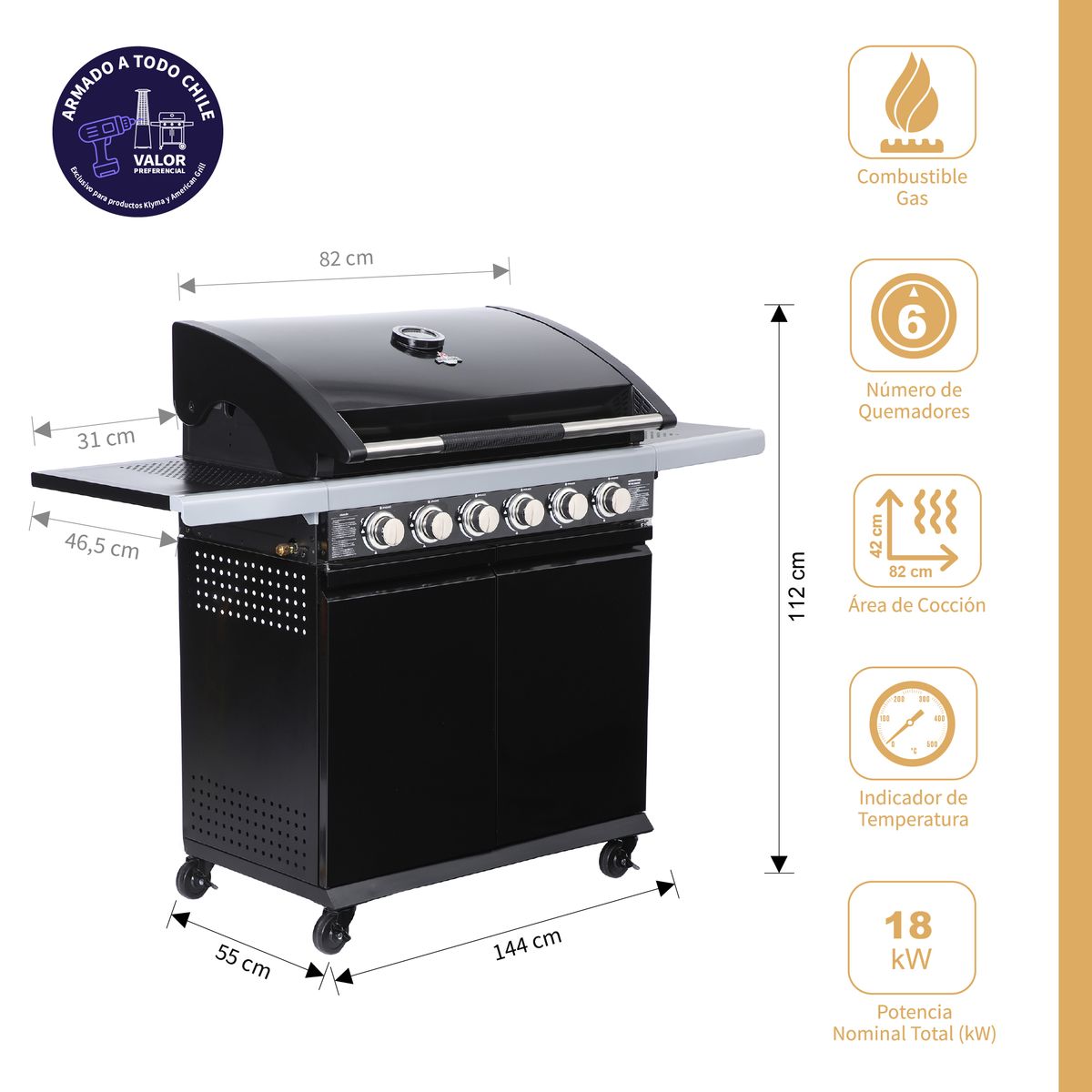 AMERICAN GRILL - Parrilla a Gas 6 Quemadores Texas Black